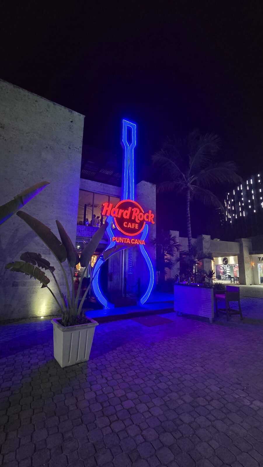 Hard Rock Cafe Punta Cana neon guitar lit up at night